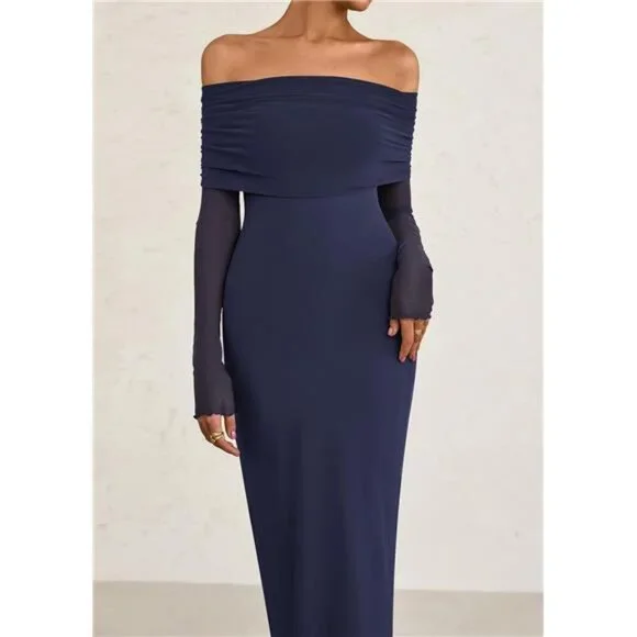 Women Elegant Off The Shoulder Maxi Dress Navy Blue - Picture 4 of 5